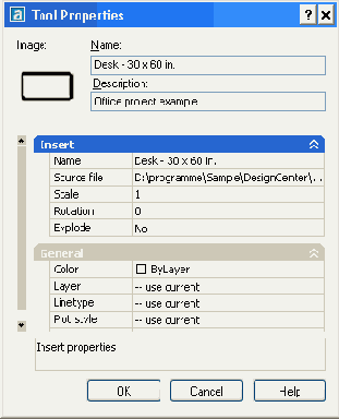 Окно Tool Properties свойств блока Desk 30 х 60 in