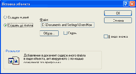Диалоговое окно Вставка объекта (режим Создать из файла)